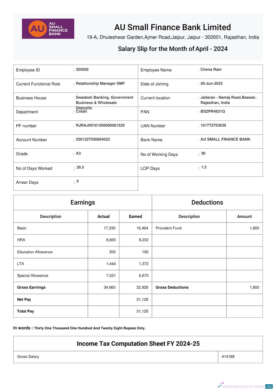 Download AU Small Finance Bank salary slip template in Word and PDF formats.pdf, 1 Photoshop template